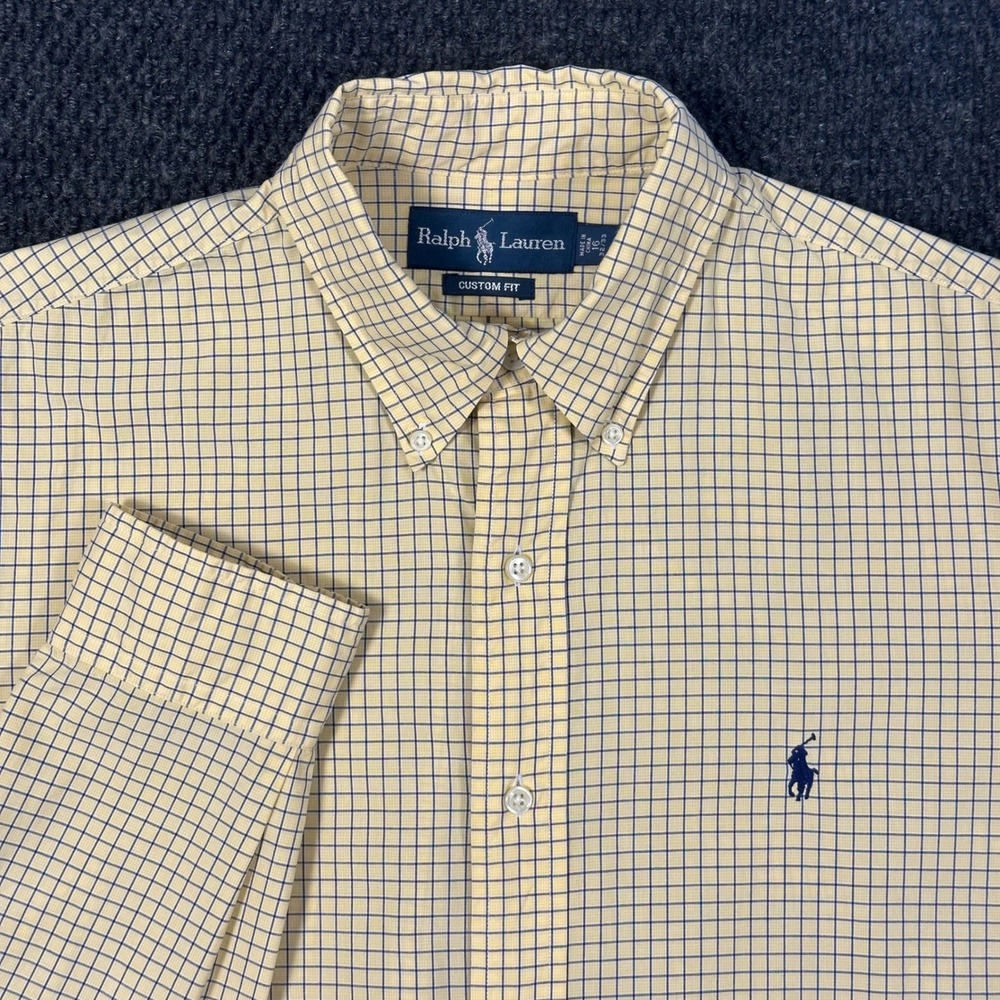Polo Ralph Lauren Dress Shirt Mens 16 32/33 Custom Fit Yellow Check Blue Pony